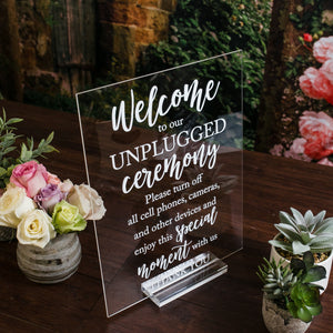 Unplugged Ceremony Clear Glass Look Acrylic Wedding Sign, Unplug Be Present and Enjoy This Moment Photographers Handle Rest Lucite Perspex