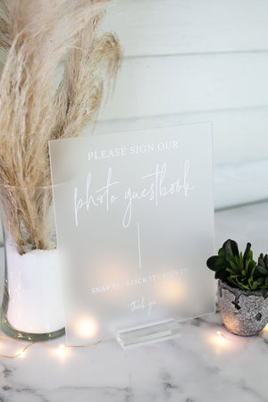 Photo Guestbook Snap It Stick It Sign It Clear Glass Look Acrylic Wedding Sign, Photo Booth Station Guest Book Lucite Table Sign SIG-PG9