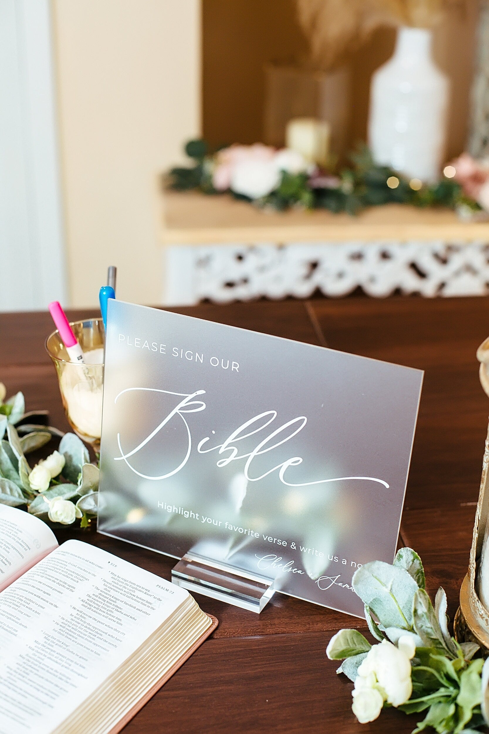 Please Sign Our Bible And Highlight Your Favorite Bible Verse Clear Glass Look Acrylic Minimalist Wedding Guest Book Sign, Lucite Plexiglass