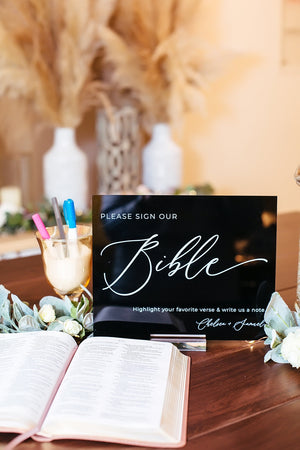 Please Sign Our Bible And Highlight Your Favorite Bible Verse Clear Glass Look Acrylic Minimalist Wedding Guest Book Sign, Lucite Plexiglass