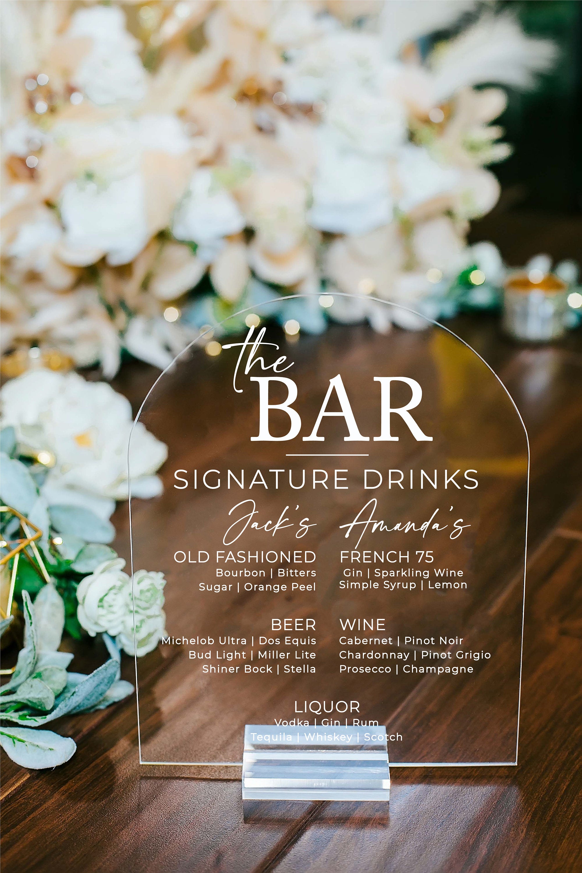 Bar Menu Signature Cocktails Custom Clear Glass Look Acrylic Wedding Sign  With Clear Stand, His Her Drinks Lucite Perspex Bar Table 