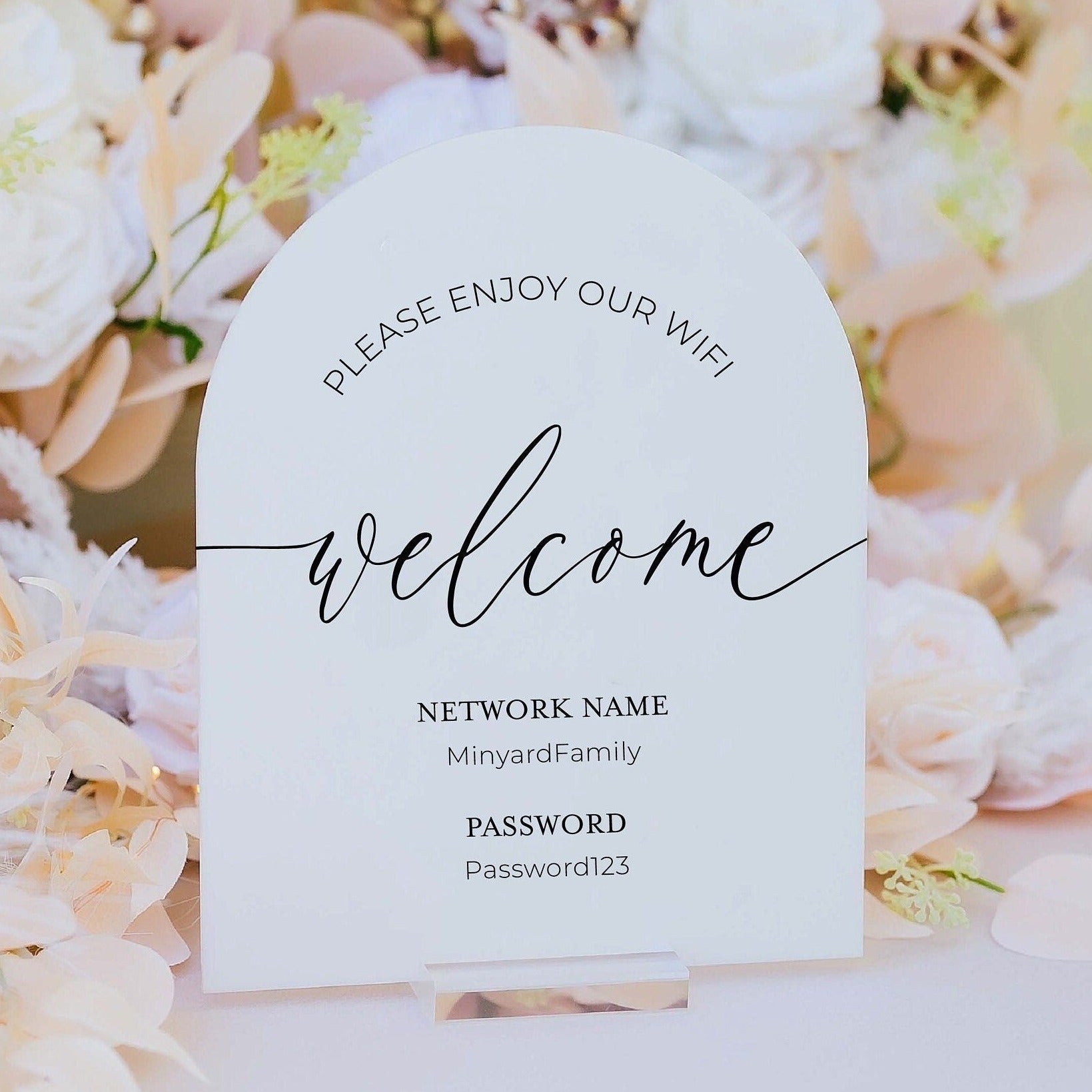 Custom Wifi Acrylic Sign - ARCH Please Enjoy Our WIFI - Pink Posies and ...