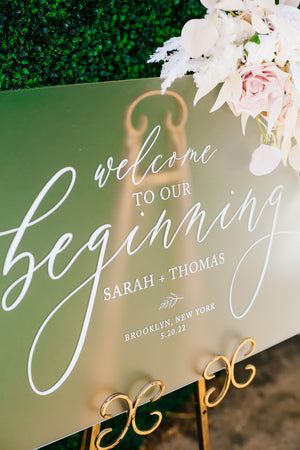 Frosted Clear or Black Glass Look Acrylic Welcome To Our Beginning Ceremony or Wedding Welcome Sign, 18x24 Personalized Lucite Plexiglass