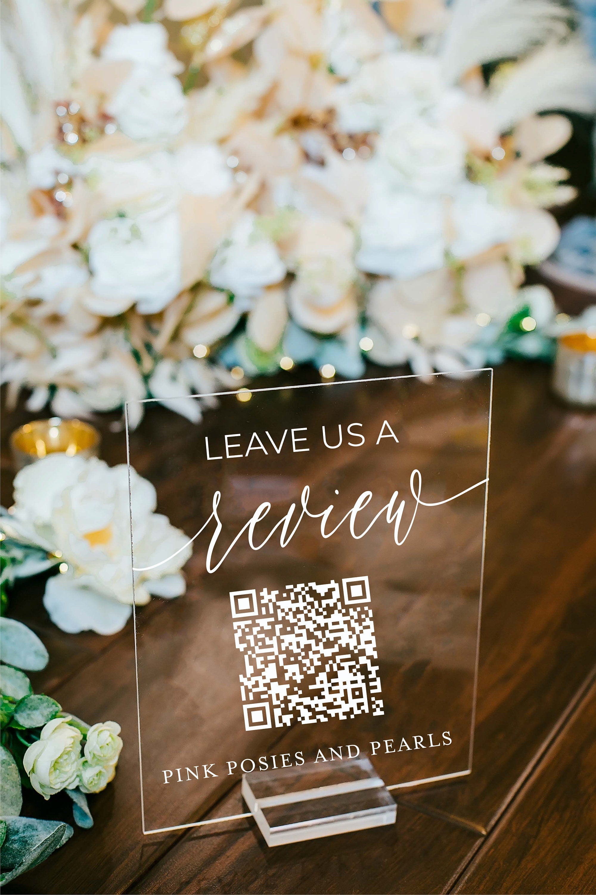 Leave Us A Review Retail Scannable QR Code Clear Glass Look Acrylic Sign, Instagram Hashtag Plexiglass Perspex Lucite Table Sign