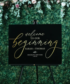 Frosted Clear or Black Glass Look Acrylic Welcome To Our Beginning Ceremony or Wedding Welcome Sign, 18x24 Personalized Lucite Plexiglass