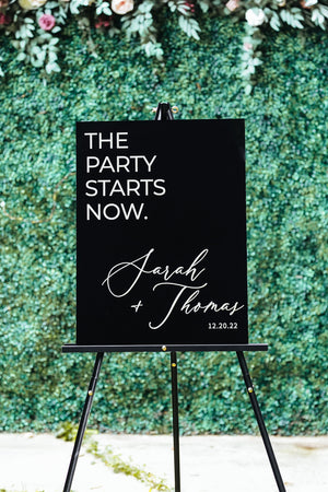 The Party Starts Now Wedding Ceremony or Reception Acrylic Welcome Sign, 18x24 Personalized Modern Lucite, So Glad You're Here