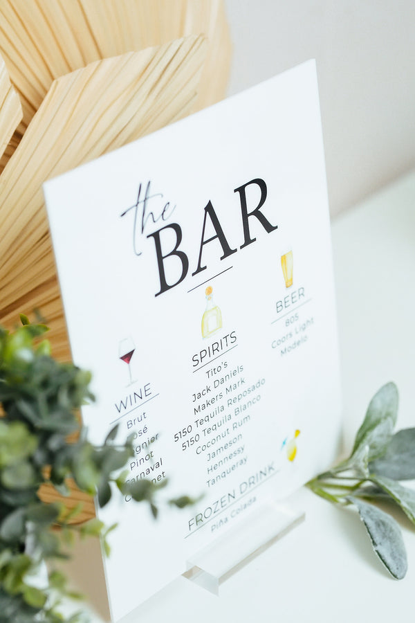ARCH Frosted Bar Menu Signature Cocktails Custom Clear Glass Look Acrylic  Wedding Sign With Stand, His Her Drinks Lucite Perspex 