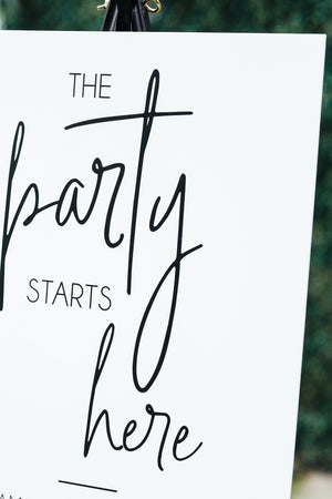 The Party Starts Here Wedding Ceremony or Reception Acrylic Welcome Sign, 18x24 Personalized Modern Lucite, So Glad You're Here