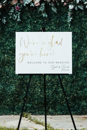 We're So Glad You're Here Clear Glass Look Acrylic Wedding Welcome Sign, 18x24 Personalized Modern Custom Sign Decoration Display