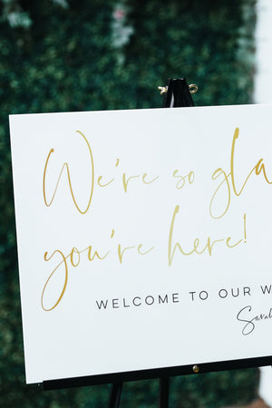 We're So Glad You're Here Clear Glass Look Acrylic Wedding Welcome Sign, 18x24 Personalized Modern Custom Sign Decoration Display