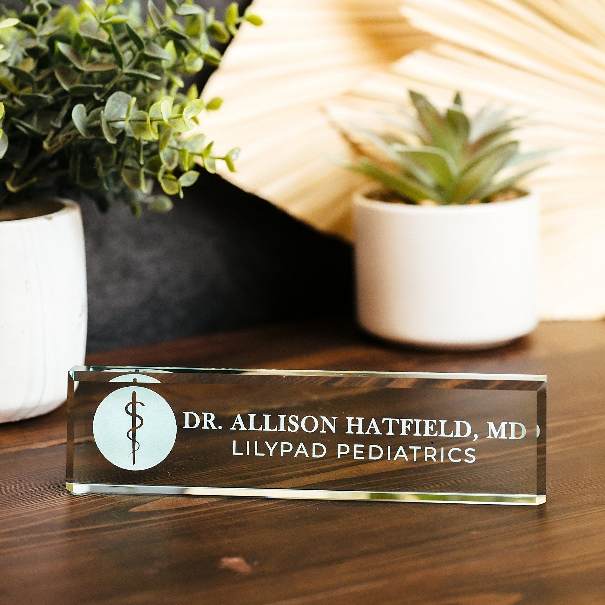 Physician Glass Name Plate With Optional Icon GNP-AH1