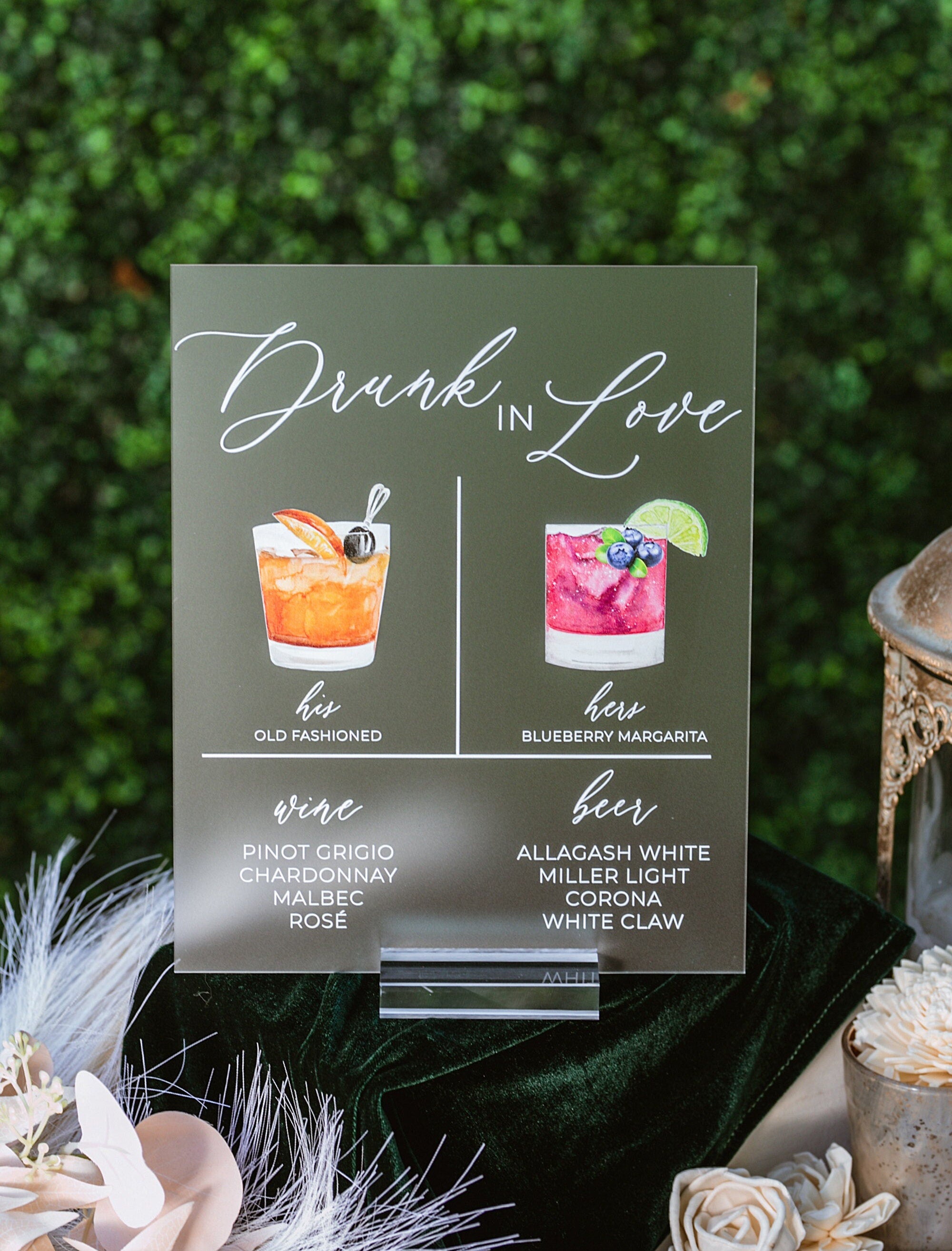 Bar Menu Signature Cocktails Custom Clear Glass Look Acrylic Wedding Sign  With Stand, His Her Drinks Lucite Perspex Bar Table Sign 