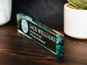 Attorney Glass Office Desk Name Plate, Clear JD Judge Nameplate, Lawyer Appreciation Gift, Juris Doctor Law School Graduation