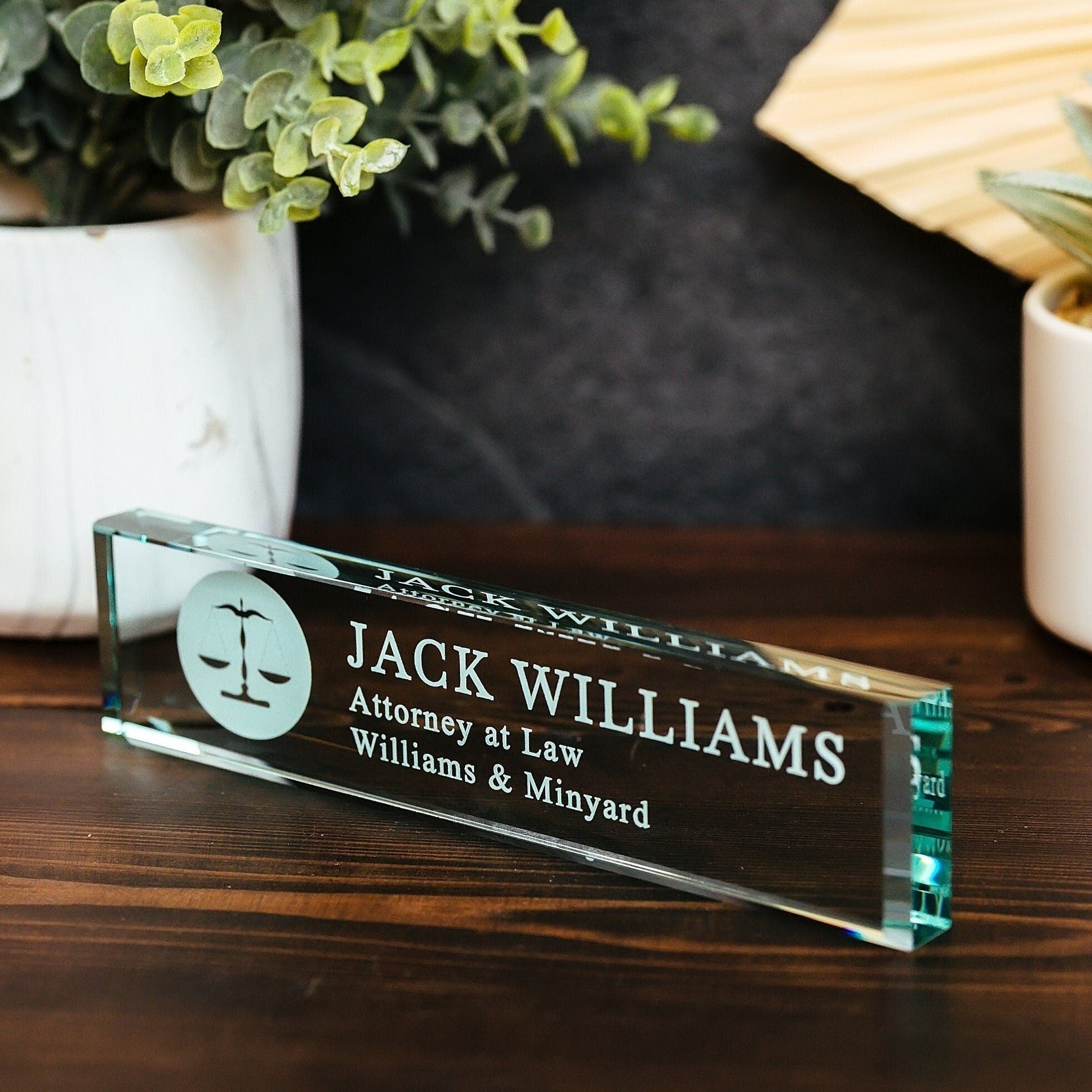 Attorney Glass Name Plate With Optional Icon GNP-JW1
