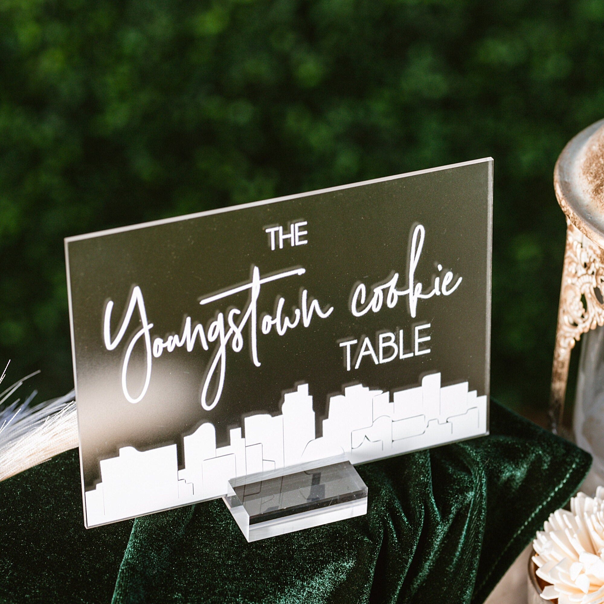 Youngstown Cookie Table Tradition Favors Clear Glass Look Acrylic Wedding Sign All of Yinz Skyline Lucite Perspex Cookies Table Sign