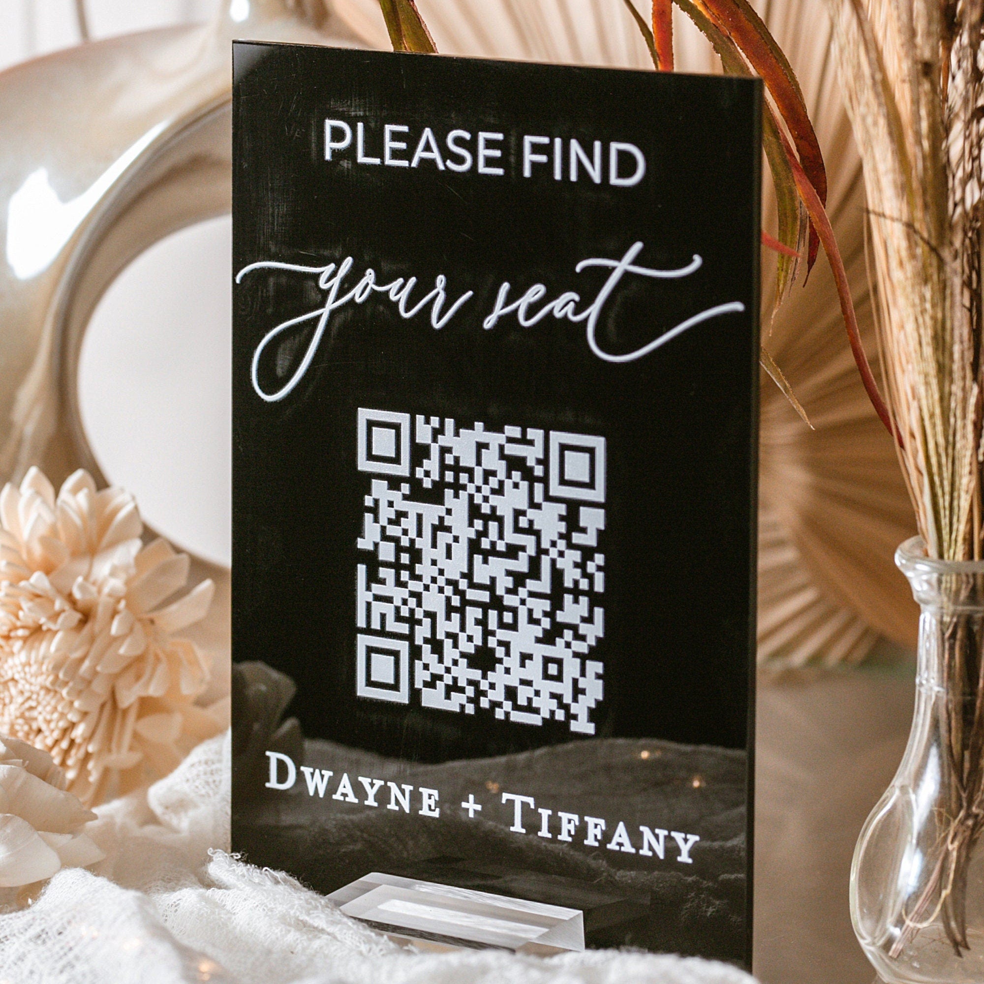 Please Find Your Seat QR Code Seating Arrangement Chart Clear Glass Look Acrylic Wedding Sign, Lucite Plexiglass or Perspex Signs