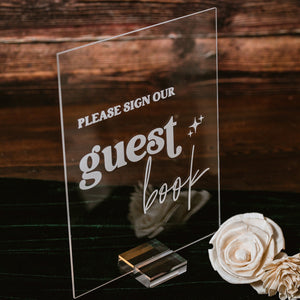Please Sign Our Guestbook Retro Vintage 70s  Clear Glass Look Acrylic Wedding Sign, Groovy Hippie Guestbook Lucite Perspex Table Sign, 60s