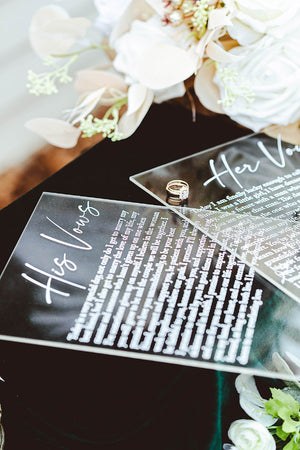 Personalized Custom Husband and Wife Frosted, Clear, Black or White Acrylic Wedding Vow Board Signs with Stands, Marriage Vows on Lucite
