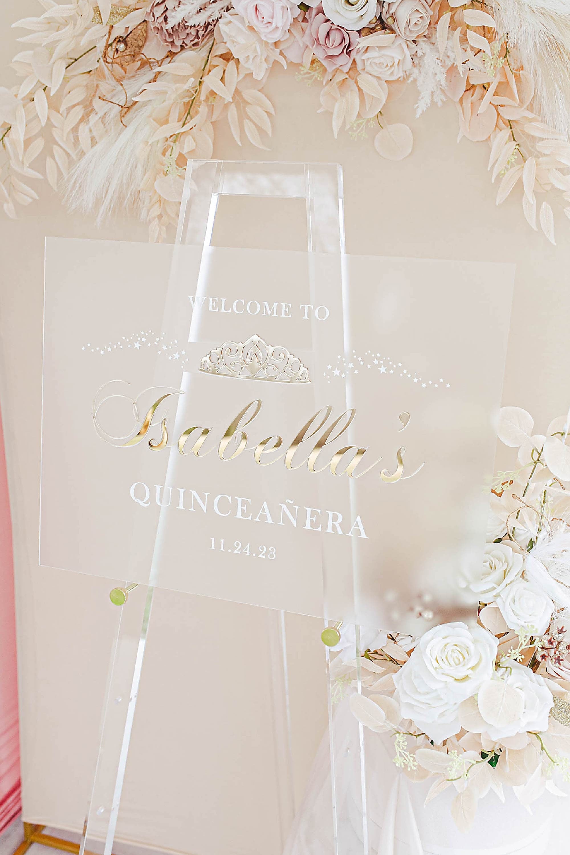 3D Quinceanera Acrylic Welcome Sign, 18x24 Personalized Modern Laser F -  Pink Posies and Pearls
