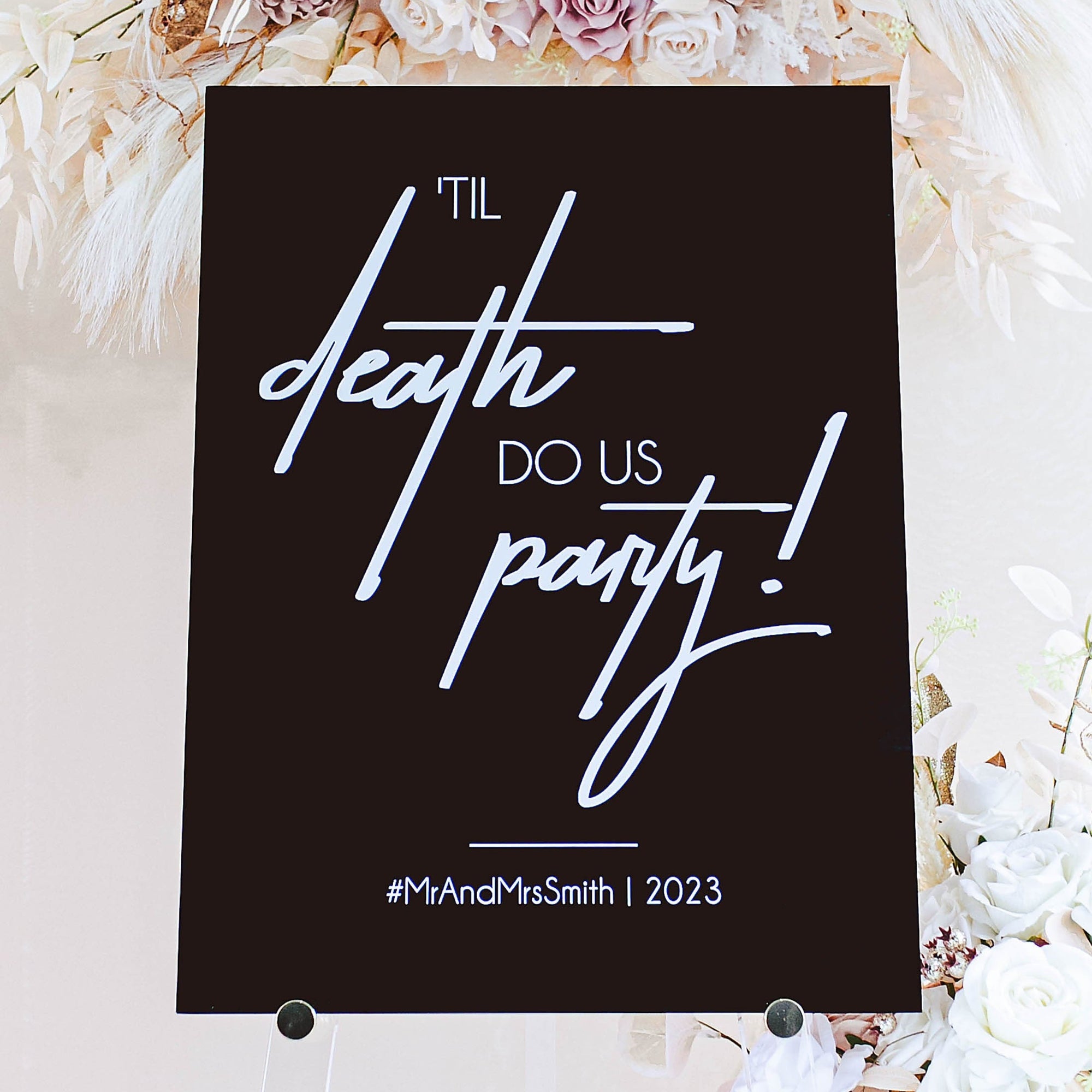 Til Death Do Us Party Moody Minimalist Black Acrylic Wedding Welcome Sign, Edgy October Winter Modern Signs With Names And Date