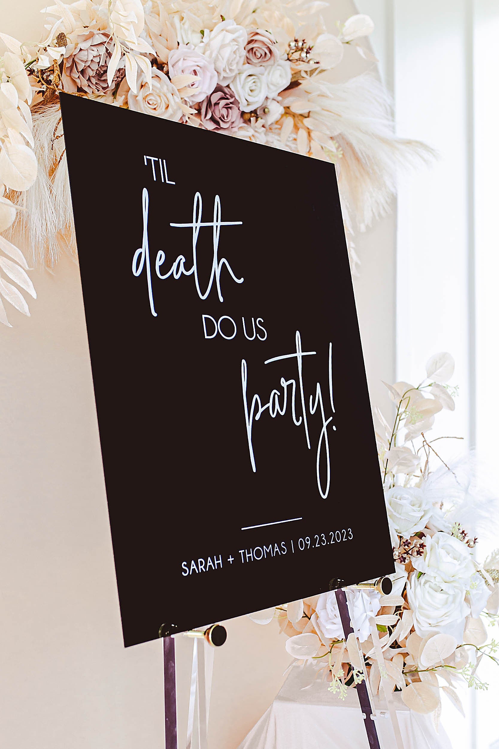 Til Death Do Us Party Moody Minimalist Black Acrylic Wedding Welcome Sign, Edgy October Winter Modern Signs With Names And Date