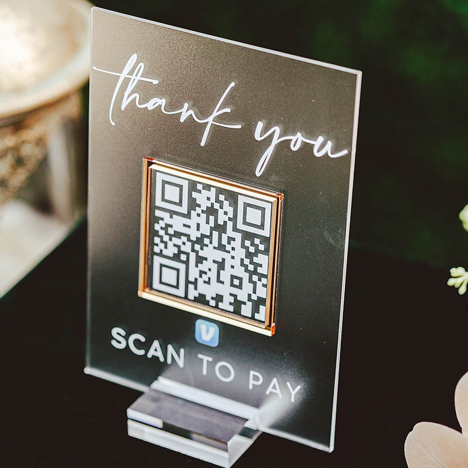 3D Thank You Scan To Pay Retail Scannable QR Code Clear Glass Look Acrylic Sign, Instagram Hashtag Plexiglass Perspex Lucite Table Sign
