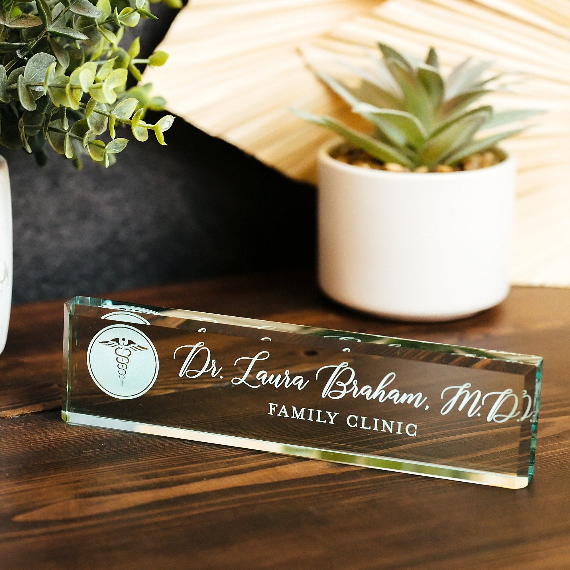 Physician Glass Name Plate With Optional Icon GNP-LB1
