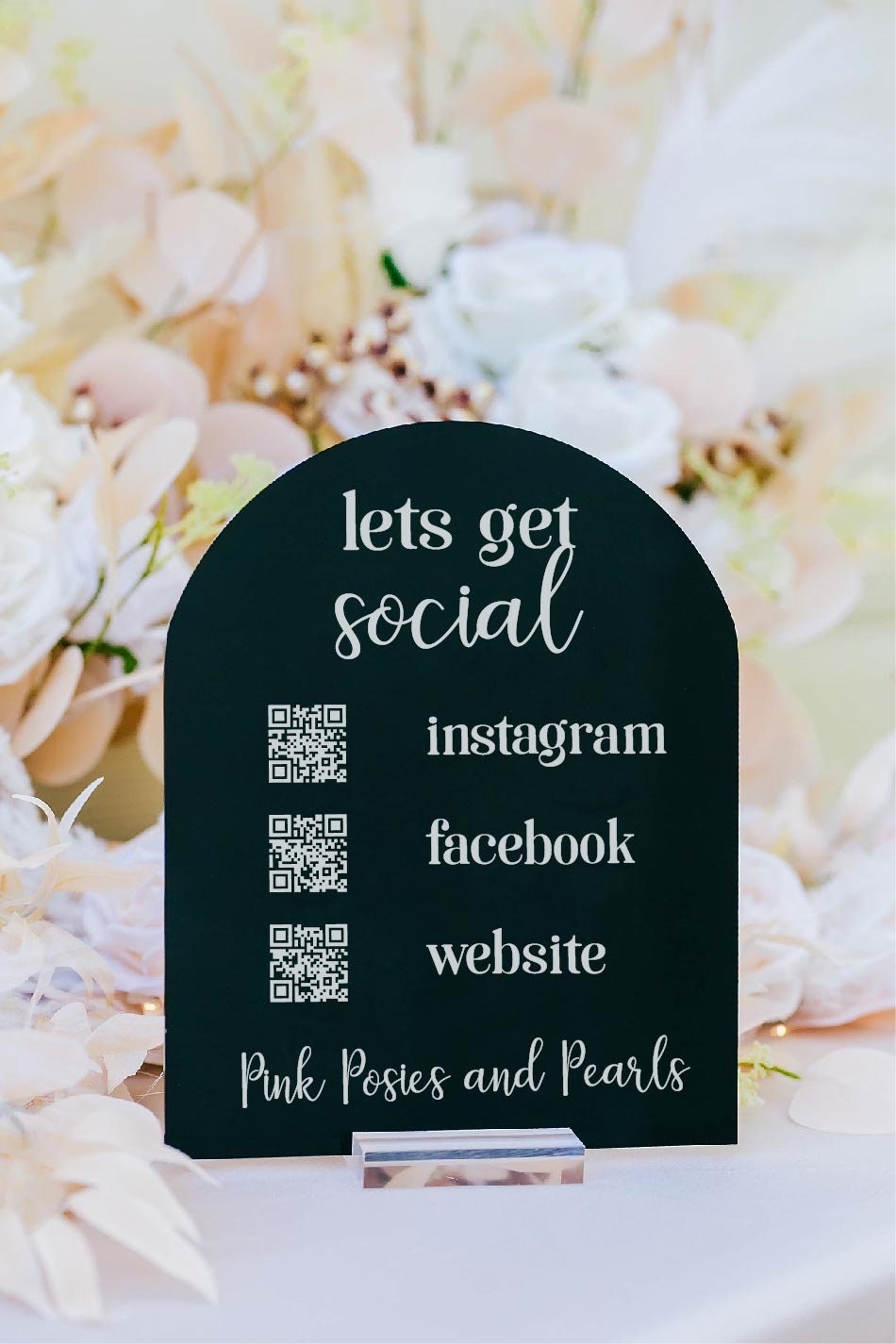 Lets Get Social Follow Us Or Leave A Review Retail Scannable QR Code Acrylic Sign, Instagram Hashtag Plexiglass Perspex Lucite Table