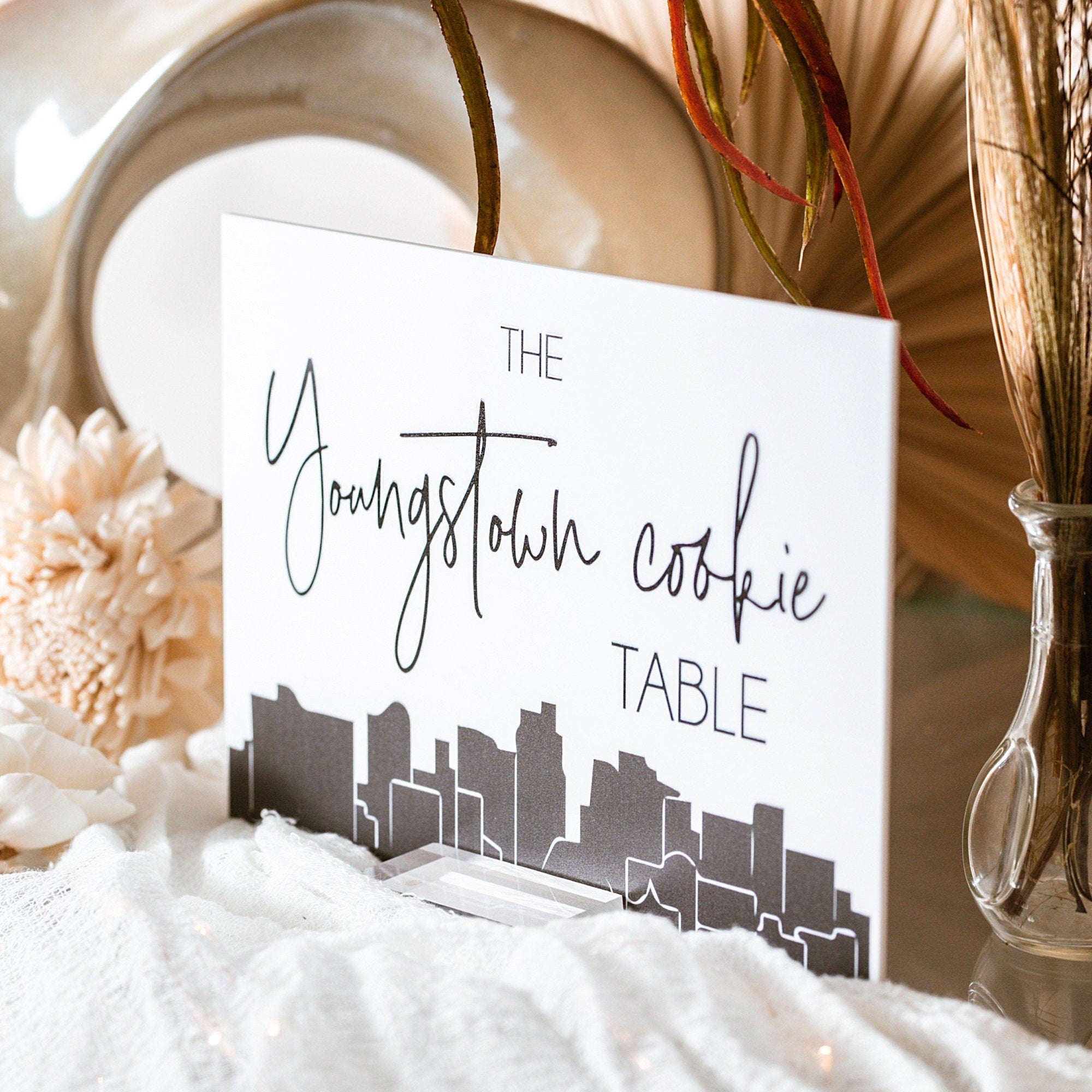Youngstown Cookie Table Tradition Favors Clear Glass Look Acrylic Wedding Sign All of Yinz Skyline Lucite Perspex Cookies Table Sign