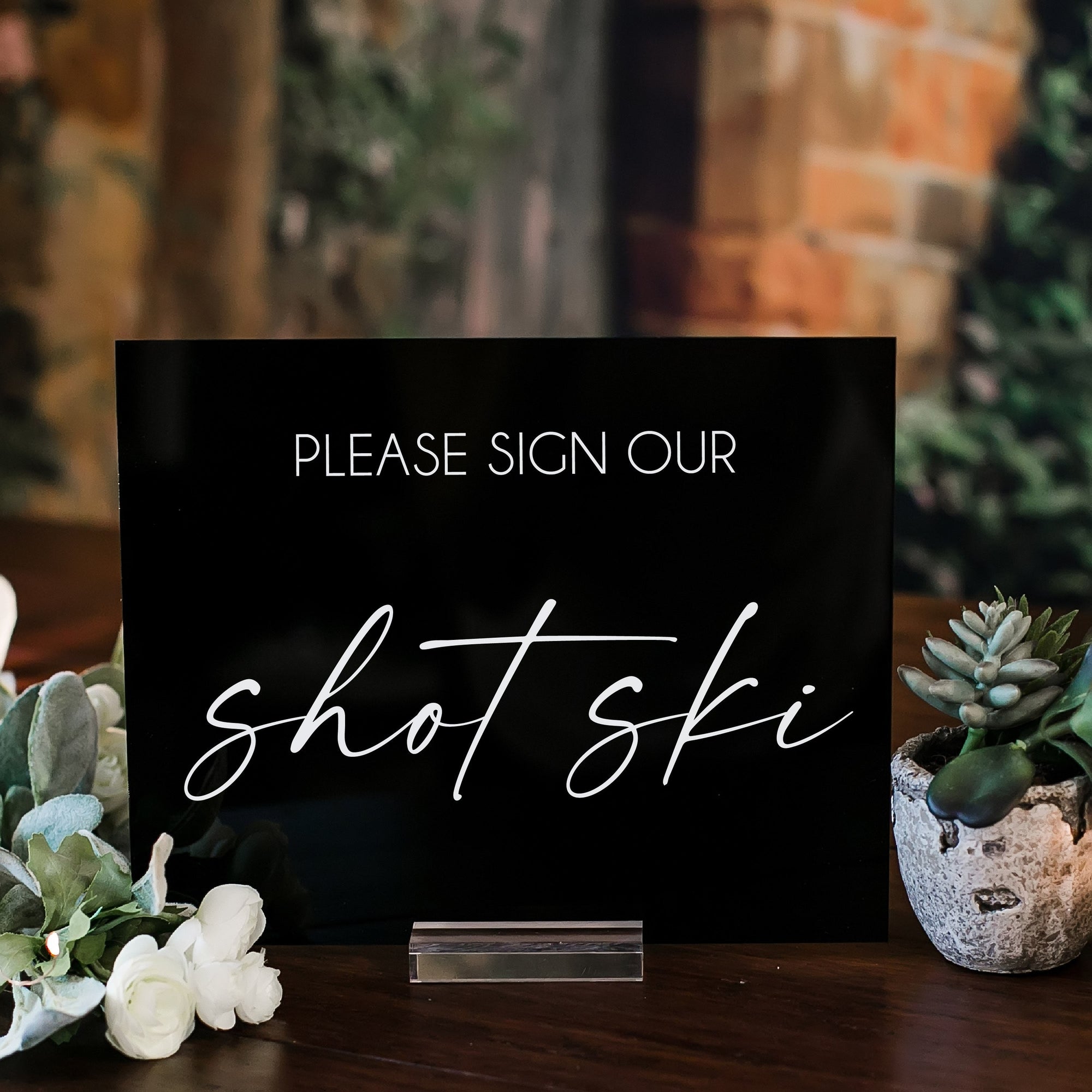 Please Sign Our Shot Ski Modern Minimalist Clear Glass Look Acrylic Wedding Sign, Alternative Guestbook Sign Lucite Perspex Table Sign
