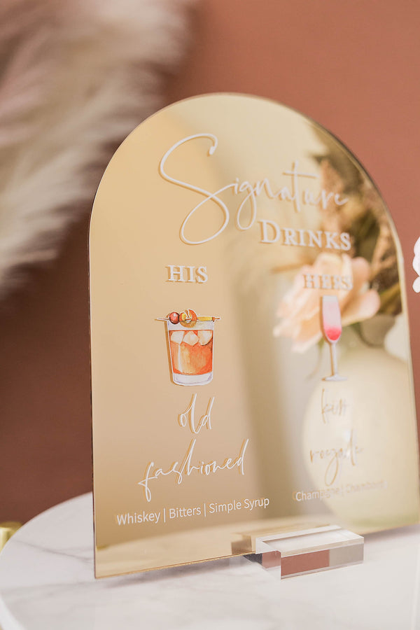 ARCH Frosted Bar Menu Signature Cocktails Custom Clear Glass Look Acrylic  Wedding Sign With Stand, His Her Drinks Lucite Perspex 