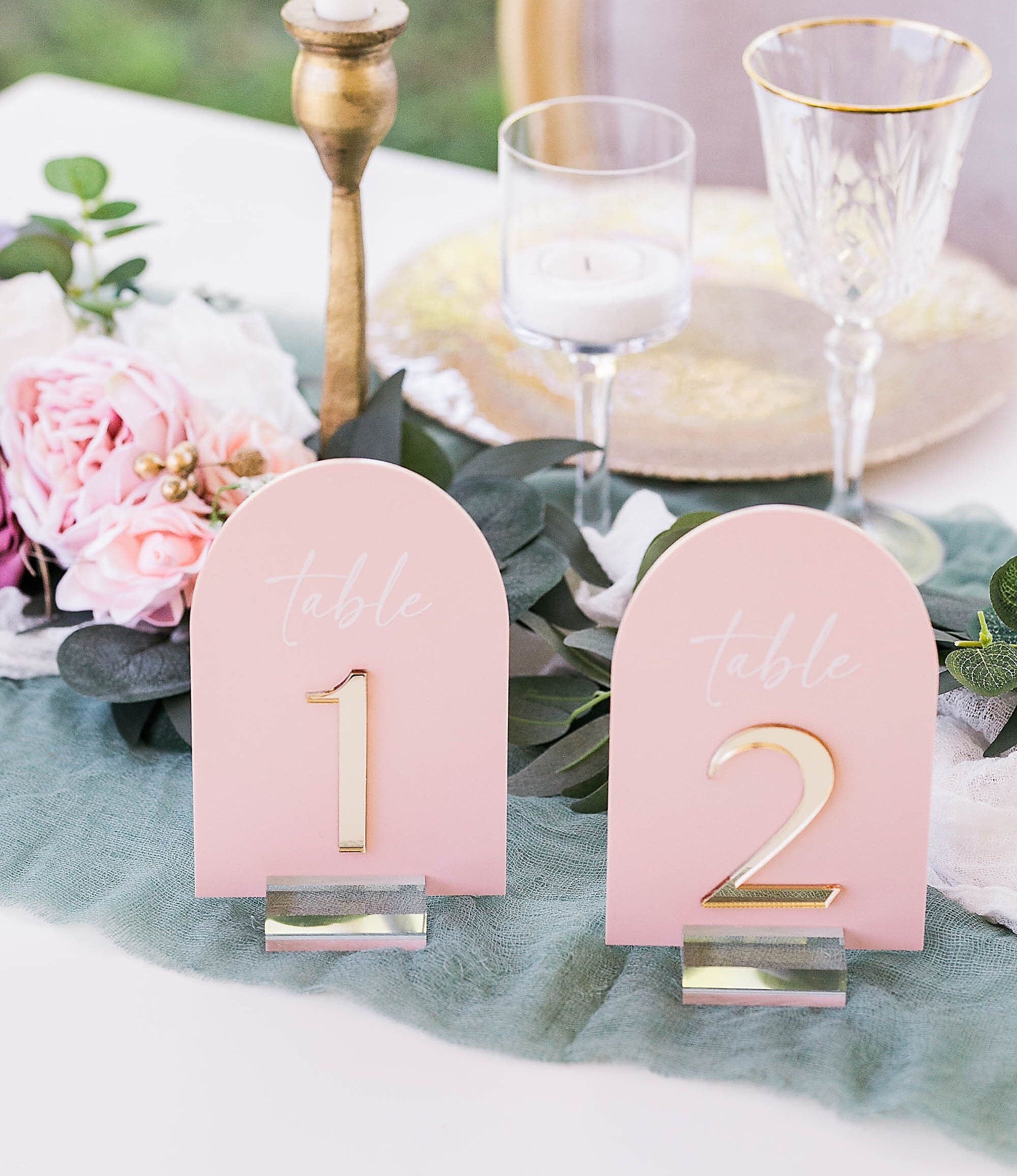 ARCH Acrylic Blush Dusty Blue and Gold Table Number Sign With Stands, Perspex Modern Calligraphy Table Numbers, Lucite Minimalist Number