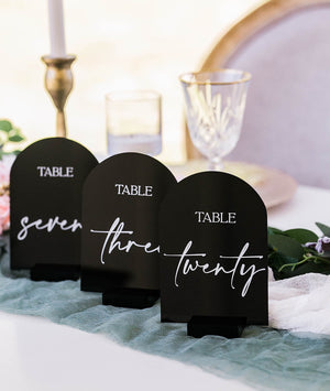 Specialty Colors ARCH Acrylic Table Number Sign With Stands, Perspex Modern Calligraphy Table Numbers, Lucite Minimalist Number
