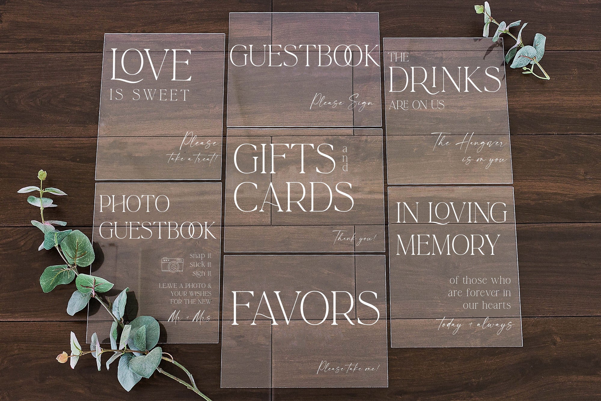 Set of 4x6 OR 5x7  Acrylic Wedding Signs, Gifts and Cards, In Loving Memory, Please Take One Favors Clear Glass Modern Calligraphy