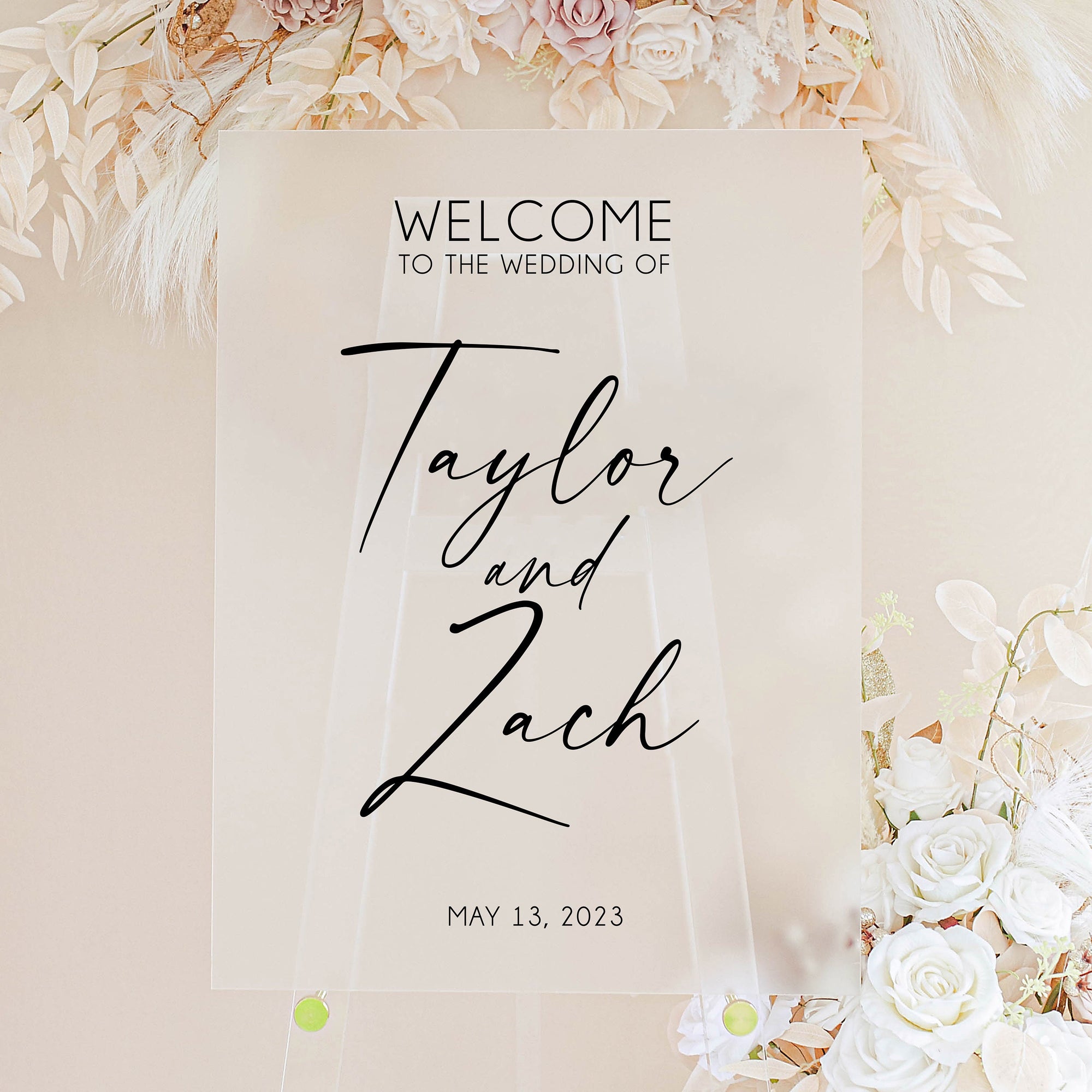 Specialty Colors Dusty Blue, Blush, Frosted, Black, Mauve Acrylic Wedding Welcome Sign, Signature Modern Font Wedding Reception Sign
