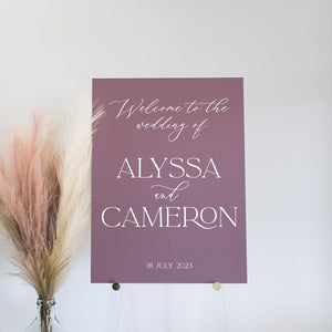 Specialty Colors Dusty Blue, Blush, Frosted, Black, Mauve Acrylic Wedding Welcome Sign, Signature Modern Font Wedding Reception Sign