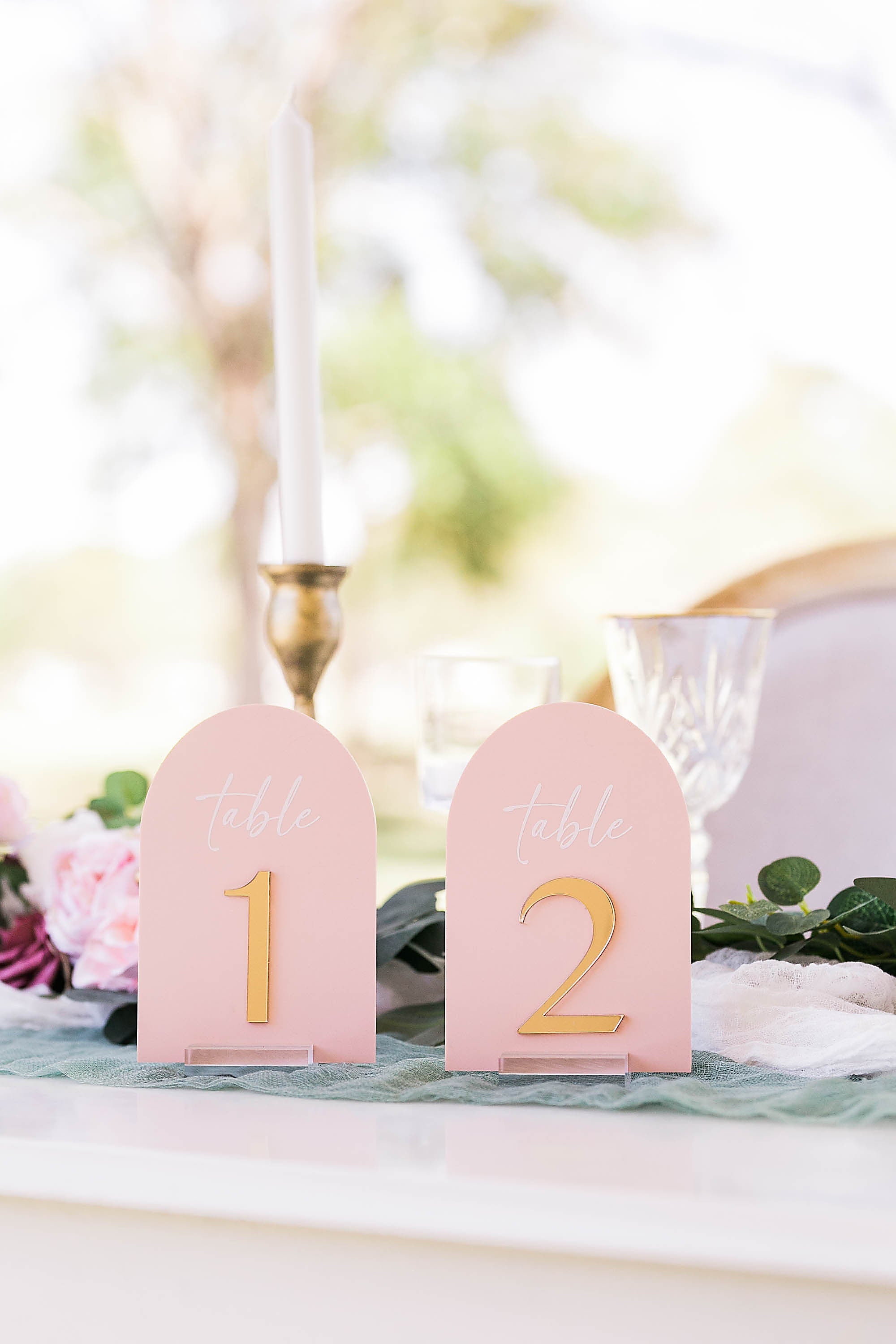ARCH Acrylic Blush Dusty Blue and Gold Table Number Sign With Stands, Perspex Modern Calligraphy Table Numbers, Lucite Minimalist Number