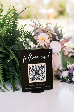 3D Follow Us Or Leave Us A Review Retail Scannable QR Code Clear Glass Look Acrylic Sign, Instagram Hashtag Plexiglass Perspex Lucite Table