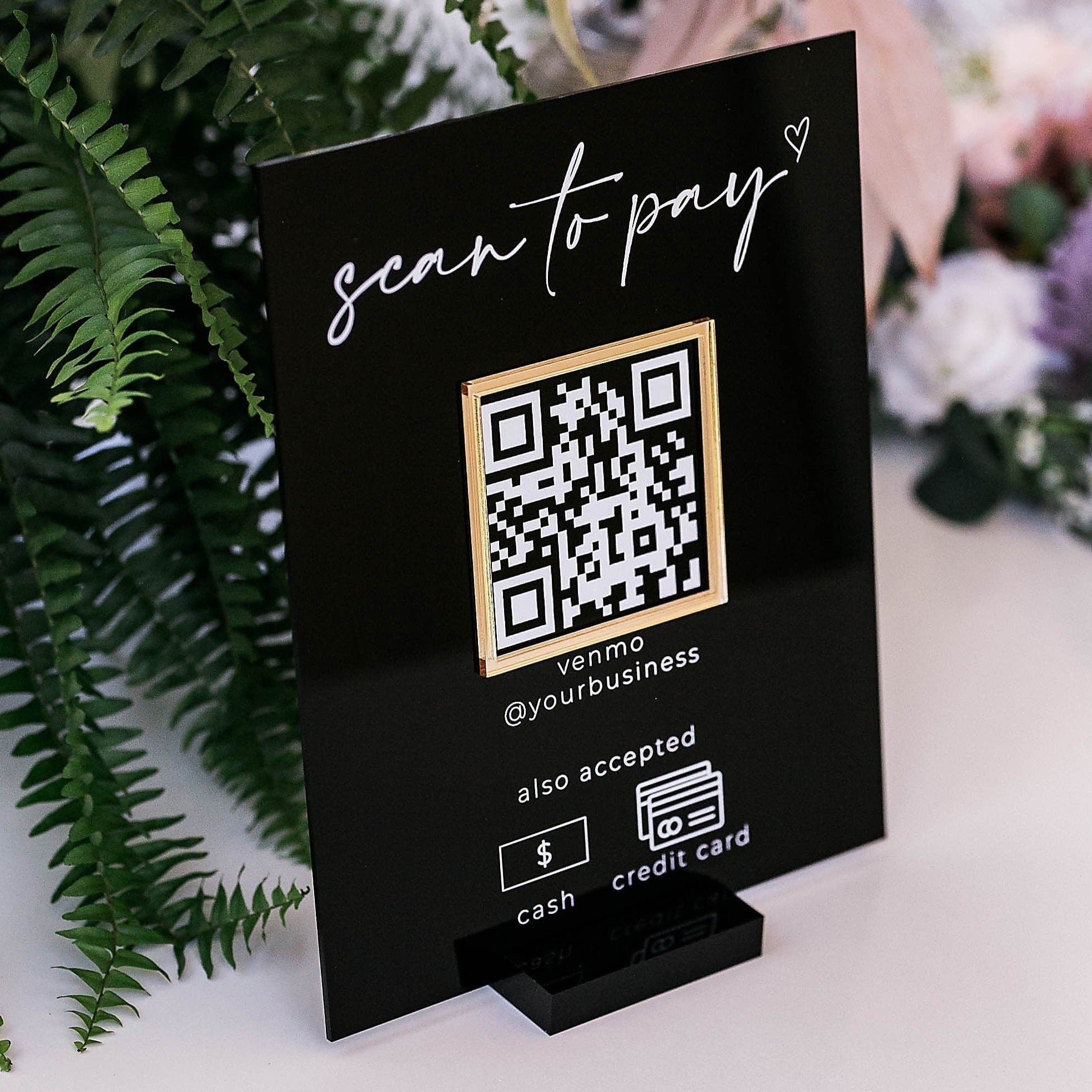 3D Scan To Pay Retail Scannable QR Code Clear Glass Look Acrylic Sign, Instagram Hashtag Plexiglass Perspex Lucite Table Sign