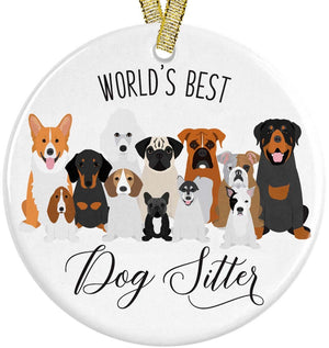 World's Best Dog Sitter Christmas Ornament 2023, Cute Dog Breeds Present Idea For Pup Walkers with Metallic Gold Ribbon + Free Gift Box