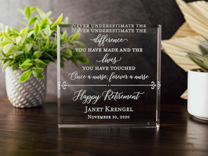 Forever A Nurse Award Crystal Glass Plaque, for Employee Recognition, Hospital Staff Present, Doctors and PA Trophy, Retirement Gift Plaque