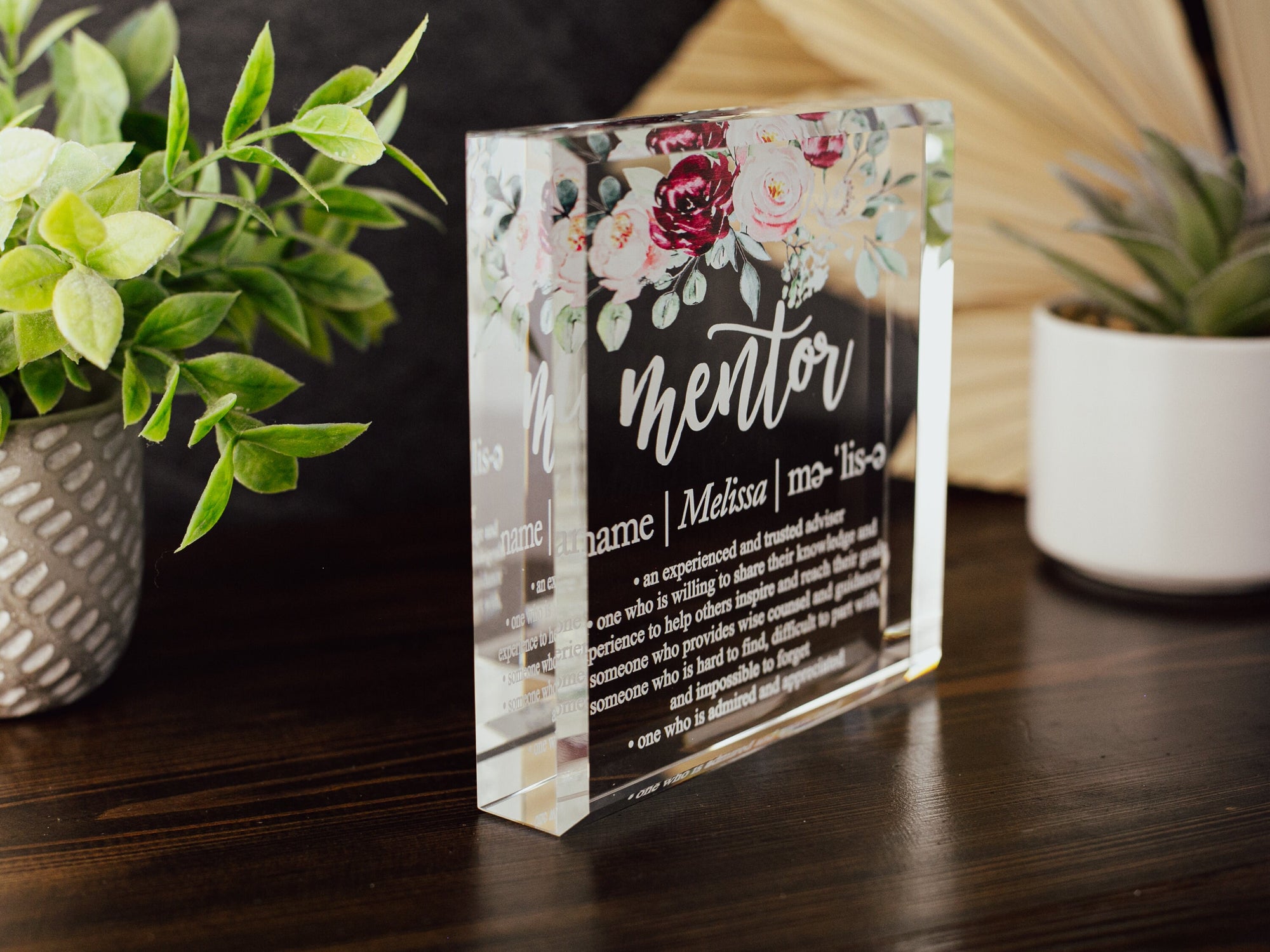 Floral Mentor Definition Crystal Glass Plaque, for Employee Recognition, Life Coach Trophy, Appreciation Gift Plaque, Present from Staff