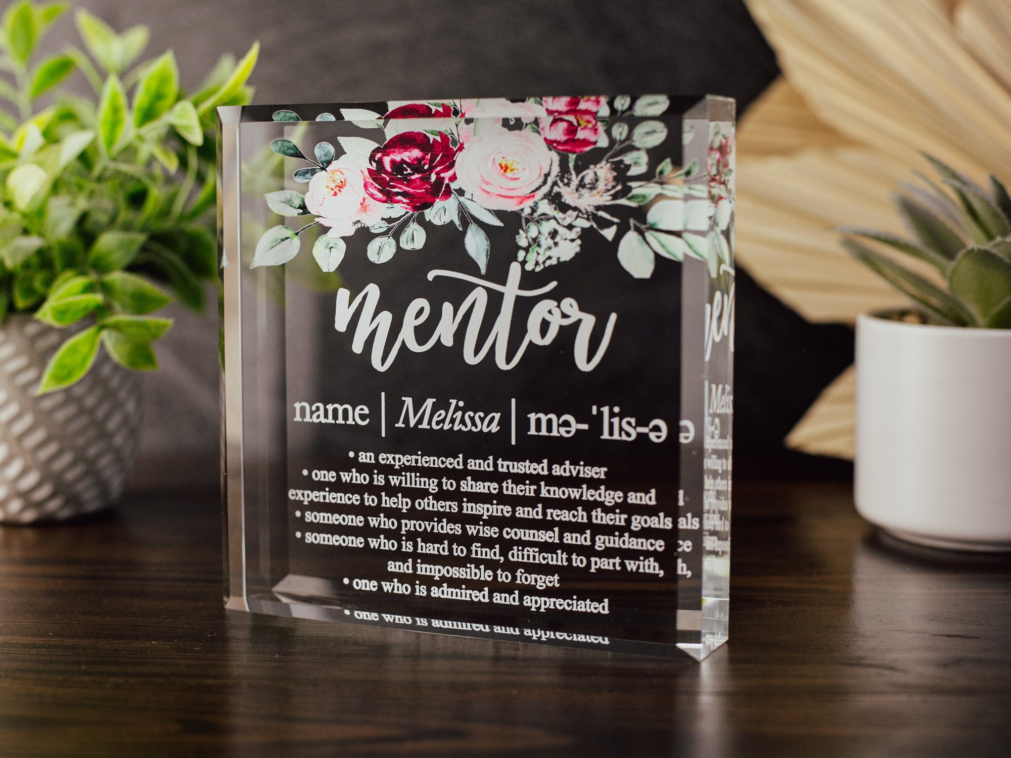 Floral Mentor Definition Crystal Glass Plaque, for Employee Recognition, Life Coach Trophy, Appreciation Gift Plaque, Present from Staff