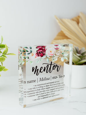 Floral Mentor Definition Crystal Glass Plaque, for Employee Recognition, Life Coach Trophy, Appreciation Gift Plaque, Present from Staff
