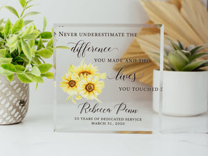 Sunflower Retirement Award Crystal Glass Plaque, Employee Recognition, Staff Present, The Difference You Made Trophy, Years Of Service Gift