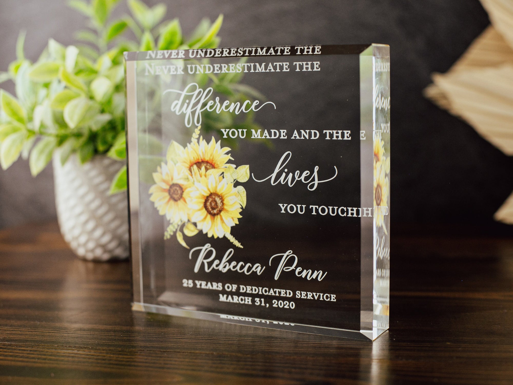 Sunflower Retirement Award Crystal Glass Plaque, Employee Recognition, Staff Present, The Difference You Made Trophy, Years Of Service Gift