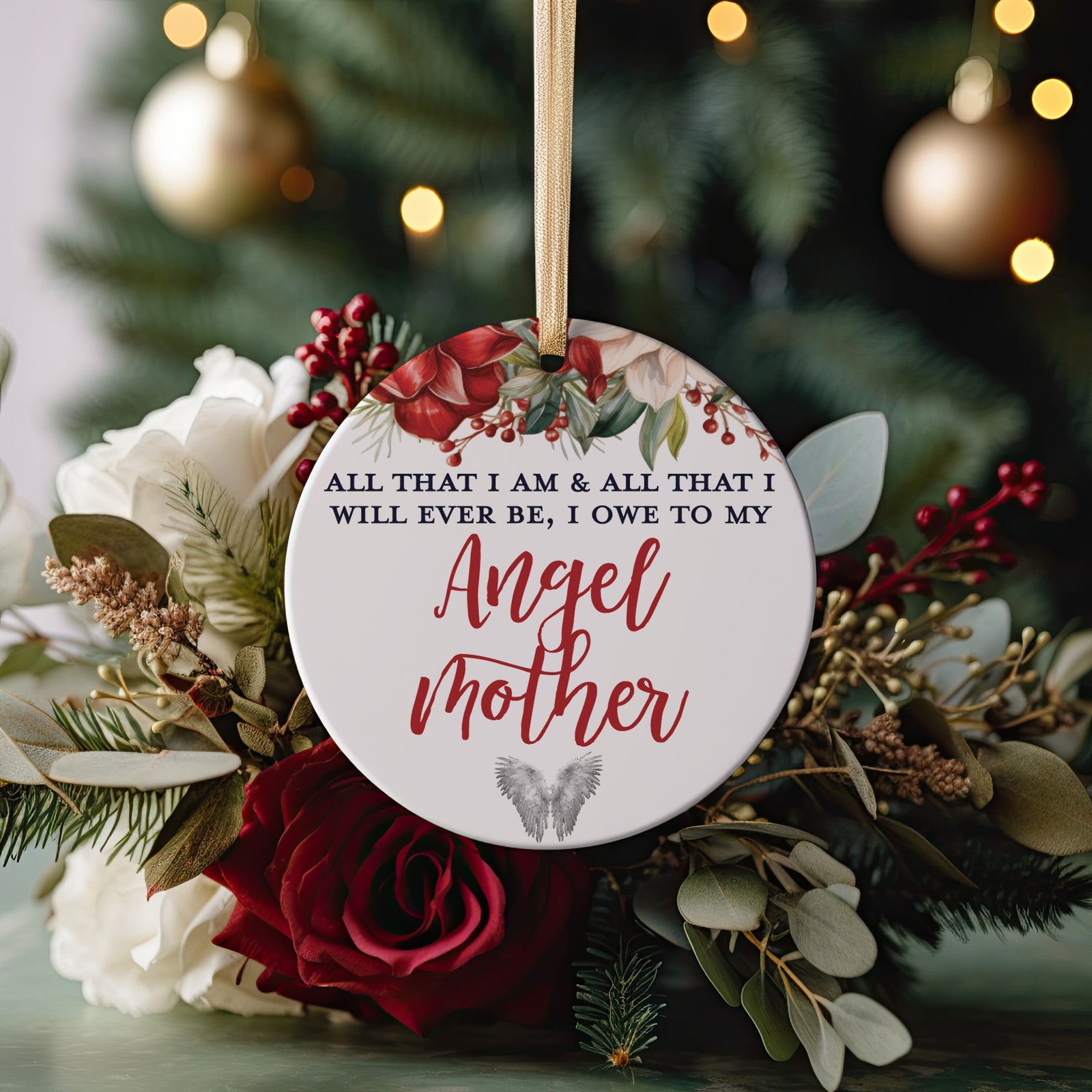 All That I Am I Owe To My Angel Mother In Loving Memory of Mom Forever In Our Hearts Marble Look Ceramic Christmas Ornament Sympathy Loss