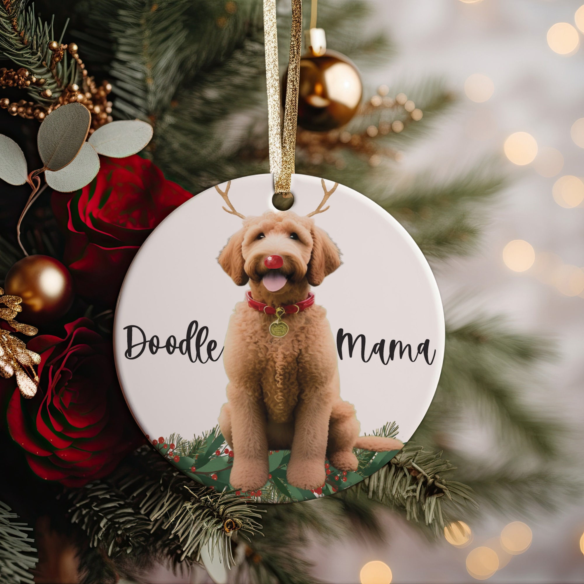 Cute Blonde Doodle Mama Christmas Gift Goldendoodle Ornament 2023, Cute Dog Breeds Present Idea For Pup Mommy with Gold Ribbon +  Gift Box