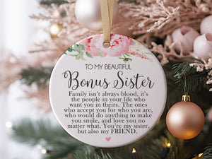 Best Bonus Sister or Stepsister Ever Christmas Gift Idea Ceramic Round Ornament, 3&quot; Circle, From Best Friend, BFF, Soul Sisters + Gift box