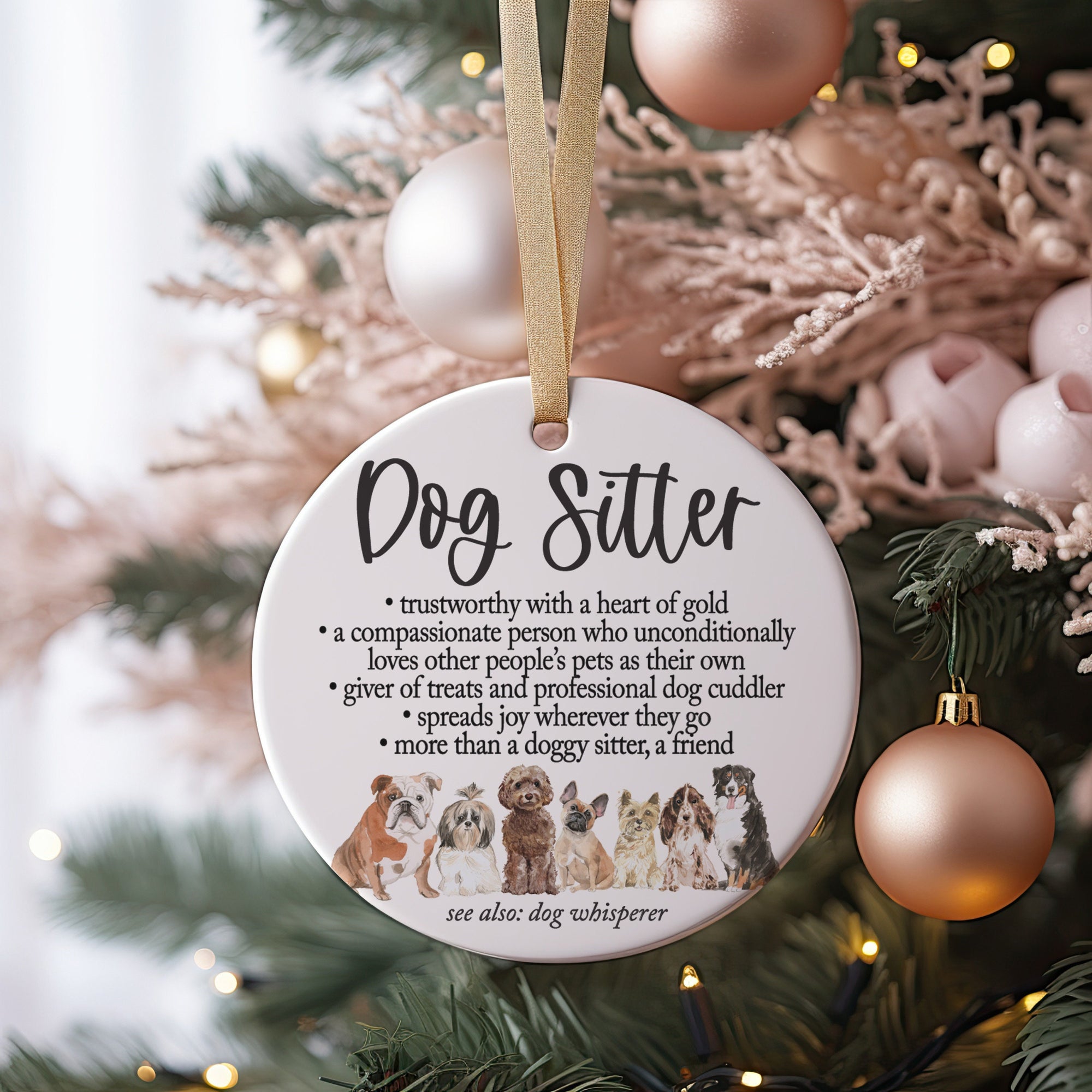 World&#39;s Best Dog Sitter Definition Christmas Ornament 2023, Cute Dog Breeds Present Idea For Pup Walkers with Gold Ribbon + Gift Box